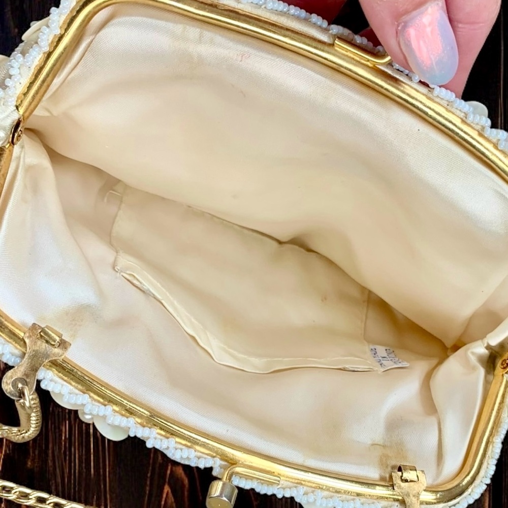 Iridescent Satin Sequin Chain Clutch Mini White Beaded Sequins Bag Gold - Picture 6 of 7